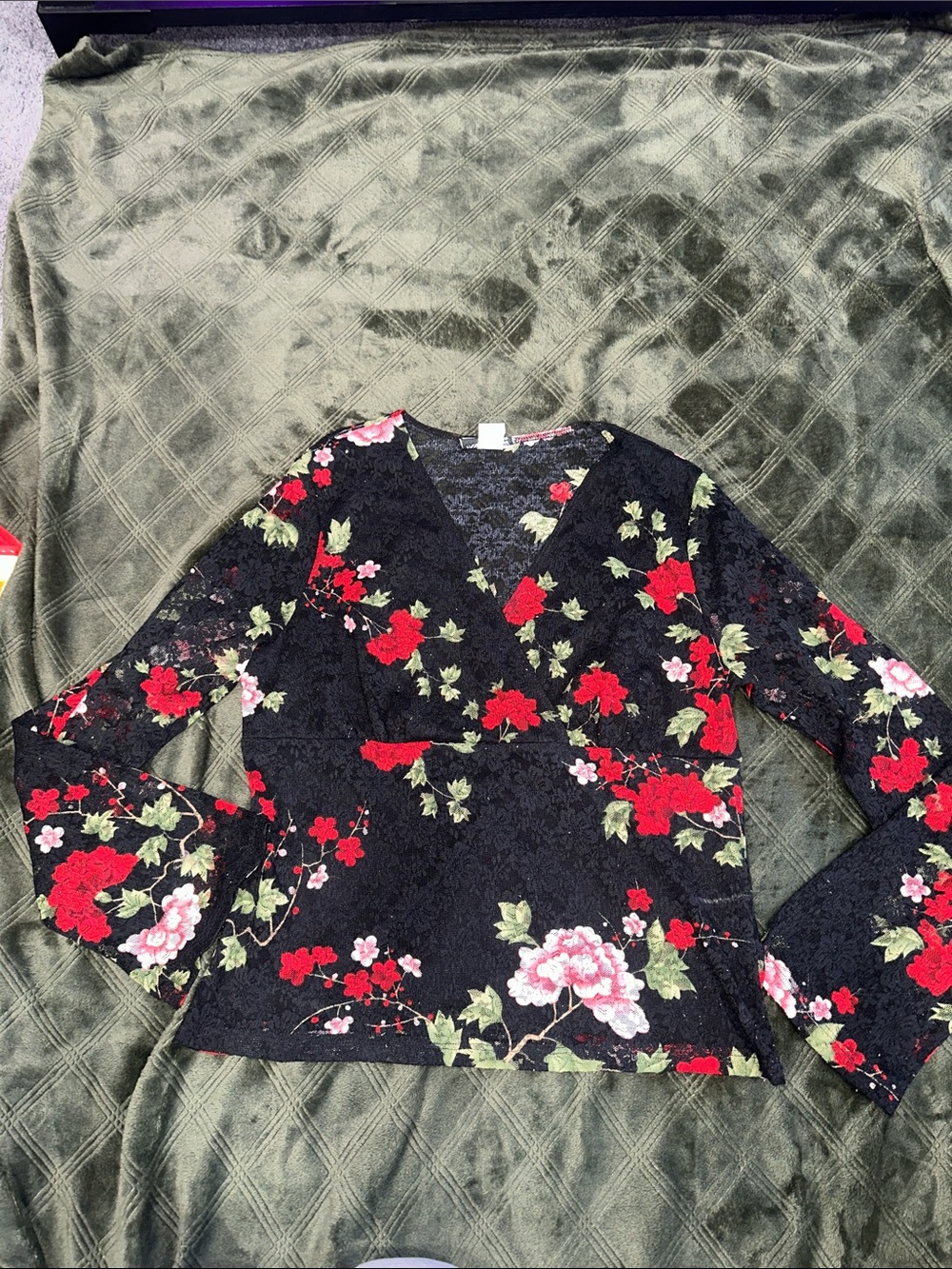 Fashion Bug Black Lace Wrap Blouse with Red & Pink Floral Print